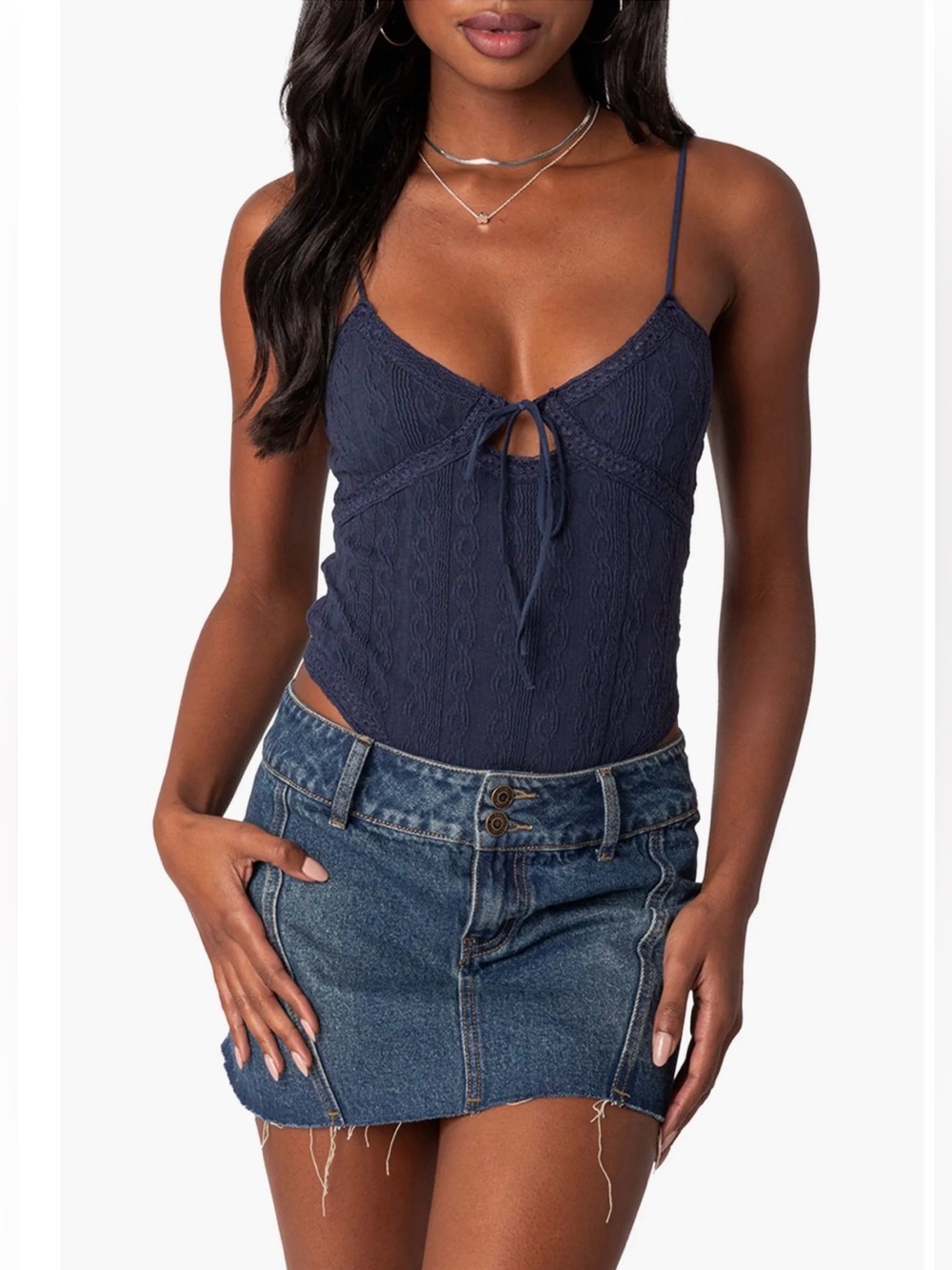 Edikted Women’s M  Lacey Keyhole Cutout Knit Thong Bodysuit Corset NWT
